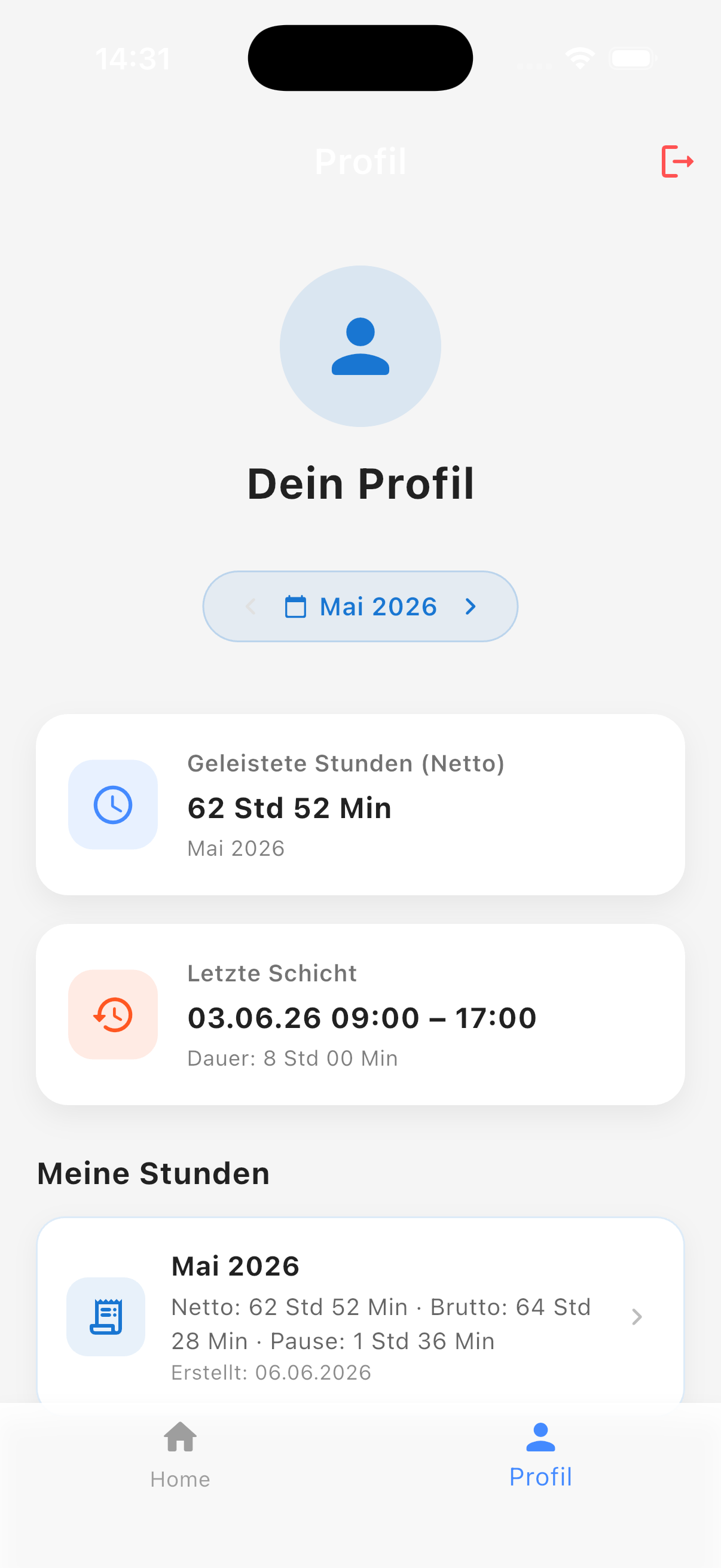 Mitarbeiter-Stundenzettel Screenshot