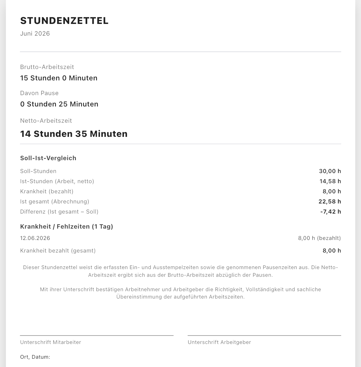 Stundenzettel mit Ist/Soll Ansicht