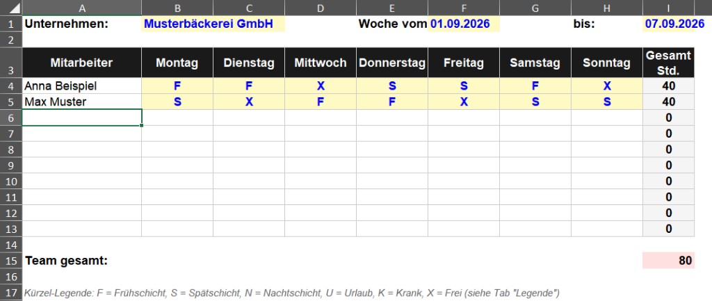 Vorschau der kostenlosen Schichtplan-Excel-Vorlage von TimeShift