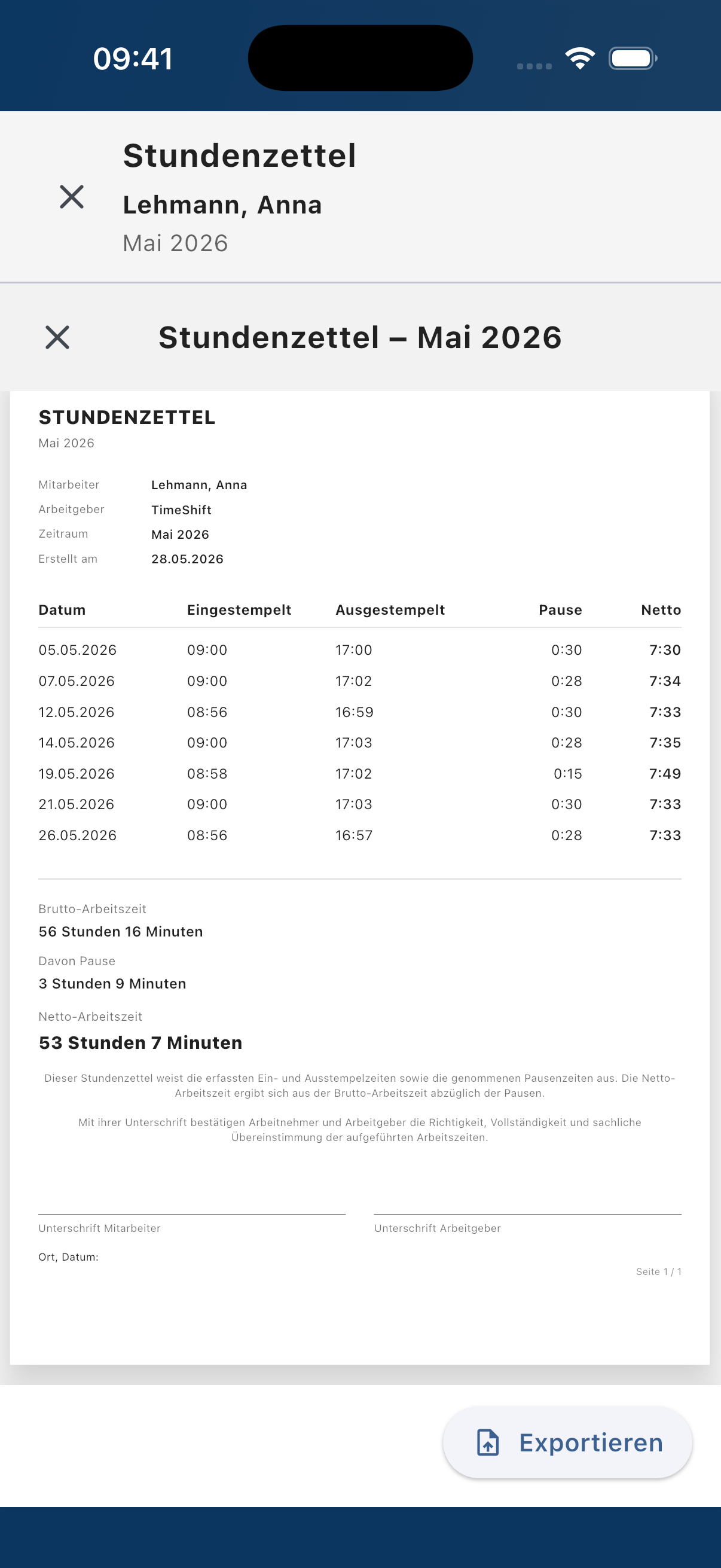 Stundenzettel Screenshot